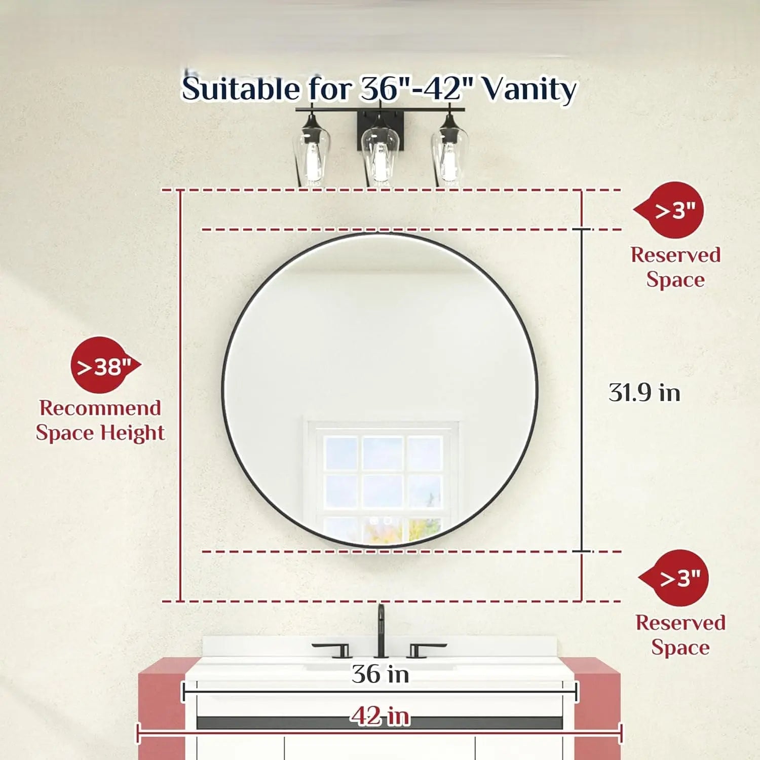 Round LED Mirror for Bathroom, Restroom and Vanity with Lights 3000K/4500K/6000K, Metal Framed Frontlighted Vanity Mirror Wall Mounted, Dimmable Makeup Mirror Touch Switch UL Listed CRI≥90