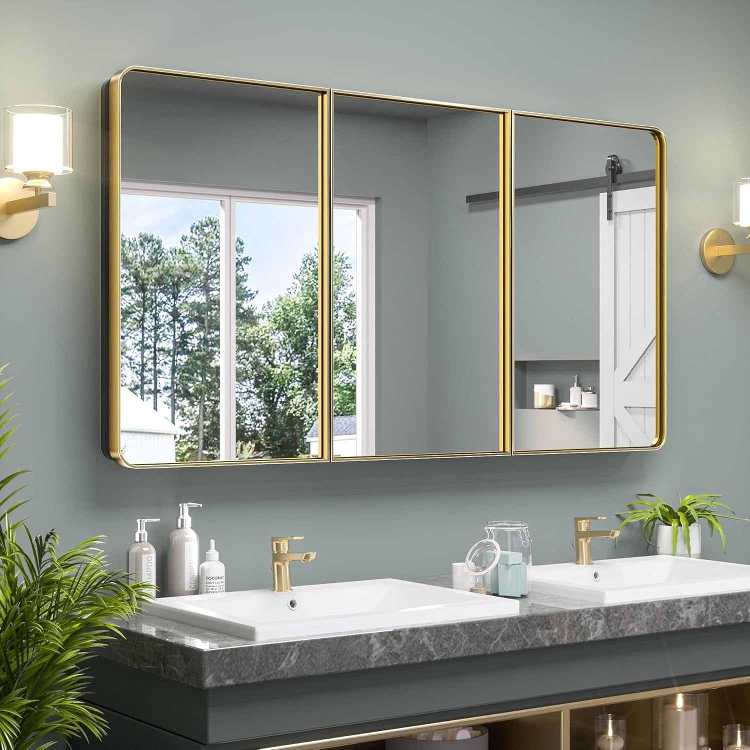Bathroom Vanity Medicine Cabinet with Mirror – Brushed Brass Finish, Stainless Steel Frame, Rounded Rectangular Shape, Adjustable Shelves, Recessed or Surface Mount Installation