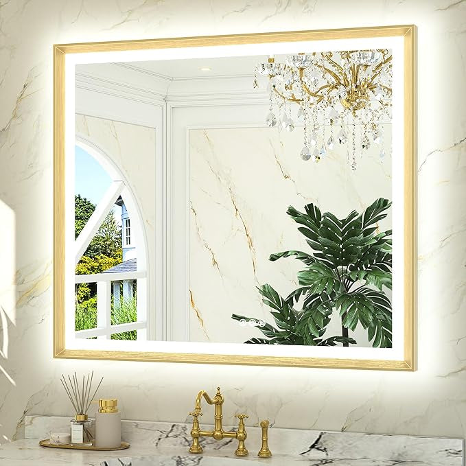 LED Bathroom Vanity Mirror with Frame – Backlit and Front Lighted, Aluminum Rectangle with Beveled Edge, Tricolor Stepless Dimmable, Anti-Fog, Memory Function, Modern Wall Decor