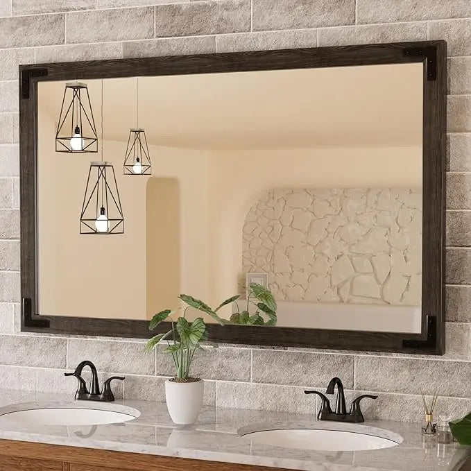 Wood Frame Bathroom Vanity Mirror for Wall – Rustic Farmhouse Style Vanity Mirror, Solid Wooden Frame for Over Sink Use, Mount Horizontally or Vertically – Modern Home Bathroom Decor