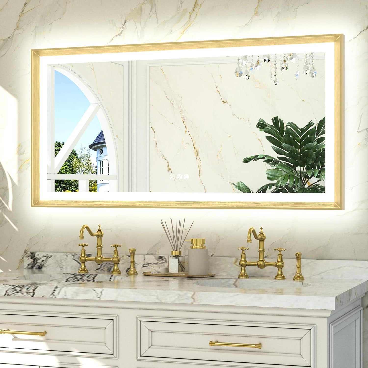 LED Bathroom Vanity Mirror with Frame – Backlit and Front Lighted, Aluminum Rectangle with Beveled Edge, Tricolor Stepless Dimmable, Anti-Fog, Memory Function, Modern Wall Decor