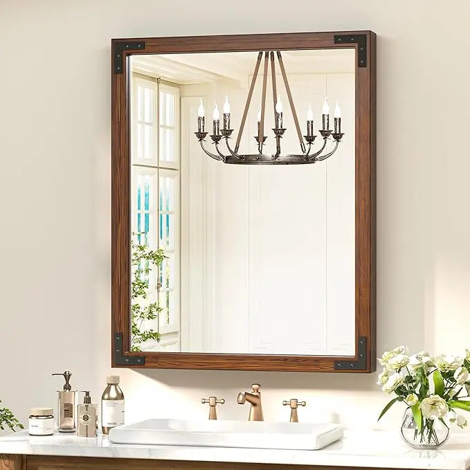 Wood Frame Bathroom Vanity Mirror for Wall – Rustic Farmhouse Style Vanity Mirror, Solid Wooden Frame for Over Sink Use, Mount Horizontally or Vertically – Modern Home Bathroom Decor