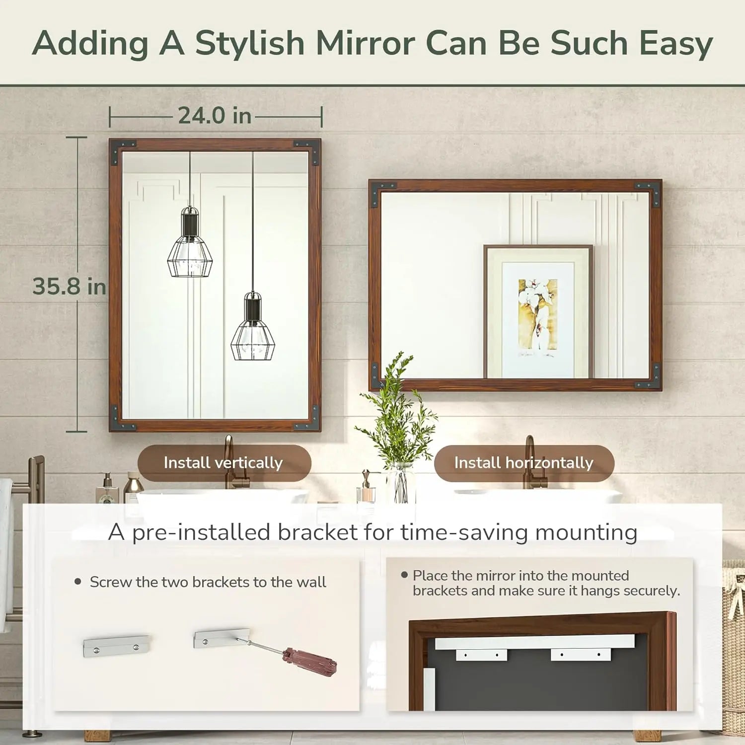 Wood Frame Bathroom Vanity Mirror for Wall – Rustic Farmhouse Style Vanity Mirror, Solid Wooden Frame for Over Sink Use, Mount Horizontally or Vertically – Modern Home Bathroom Decor