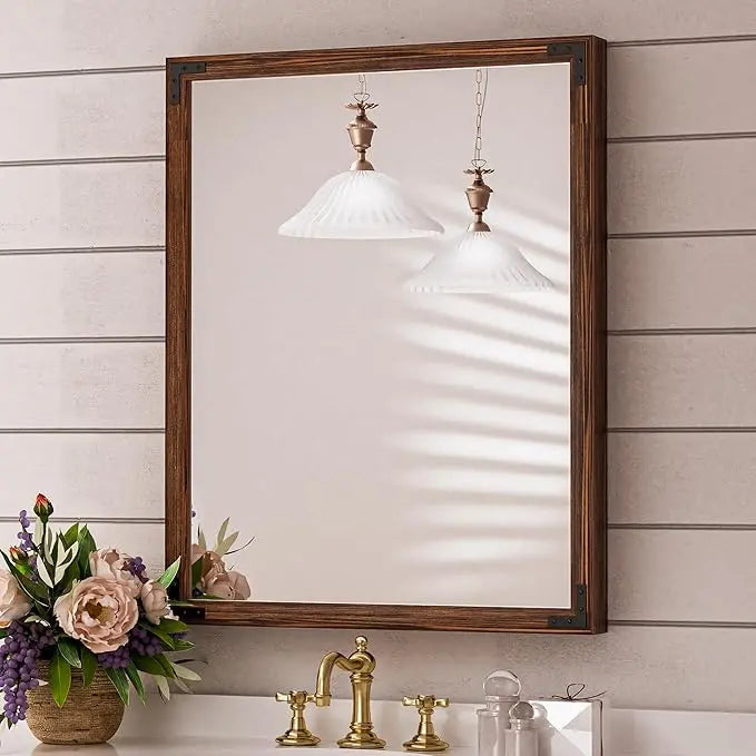 Wood Frame Bathroom Vanity Mirror for Wall – Rustic Farmhouse Style Vanity Mirror, Solid Wooden Frame for Over Sink Use, Mount Horizontally or Vertically – Modern Home Bathroom Decor