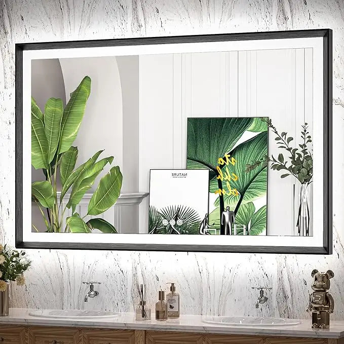 LED Bathroom Vanity Mirror with Frame – Backlit and Front Lighted, Aluminum Rectangle with Beveled Edge, Tricolor Stepless Dimmable, Anti-Fog, Memory Function, Modern Wall Decor