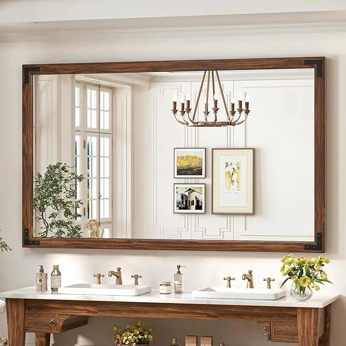 Wood Frame Bathroom Vanity Mirror for Wall – Rustic Farmhouse Style Vanity Mirror, Solid Wooden Frame for Over Sink Use, Mount Horizontally or Vertically – Modern Home Bathroom Decor