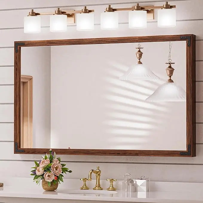 Wood Frame Bathroom Vanity Mirror for Wall – Rustic Farmhouse Style Vanity Mirror, Solid Wooden Frame for Over Sink Use, Mount Horizontally or Vertically – Modern Home Bathroom Decor