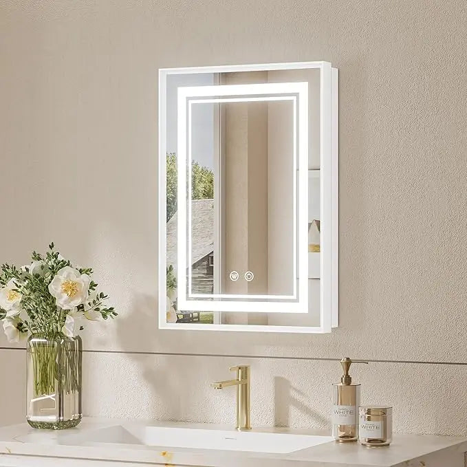 Recessed Medicine Cabinet Mirror with Lights Tempered, 3-Color Stepless Dimmable Led Mirrored Medicine Cabinet Defog and Electrical Outlets, Modern Mirror with Storage