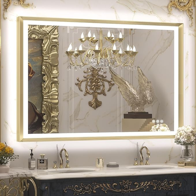 LED Bathroom Vanity Mirror with Frame – Backlit and Front Lighted, Aluminum Rectangle with Beveled Edge, Tricolor Stepless Dimmable, Anti-Fog, Memory Function, Modern Wall Decor