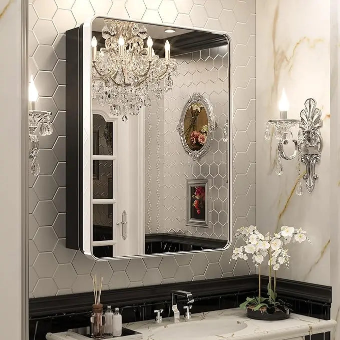 Bathroom Vanity Medicine Cabinet with Mirror – Brushed Brass Finish, Stainless Steel Frame, Rounded Rectangular Shape, Adjustable Shelves, Recessed or Surface Mount Installation