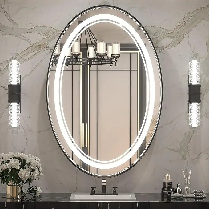 LED Oval Bathroom Mirror with Metal Frame – Frontlit Vanity Mirror for Wall with 3 Color Dimmable Lights, CRI 90+ Illumination, Modern Lighted Mirror for Stylish Bathroom Vanity Decor