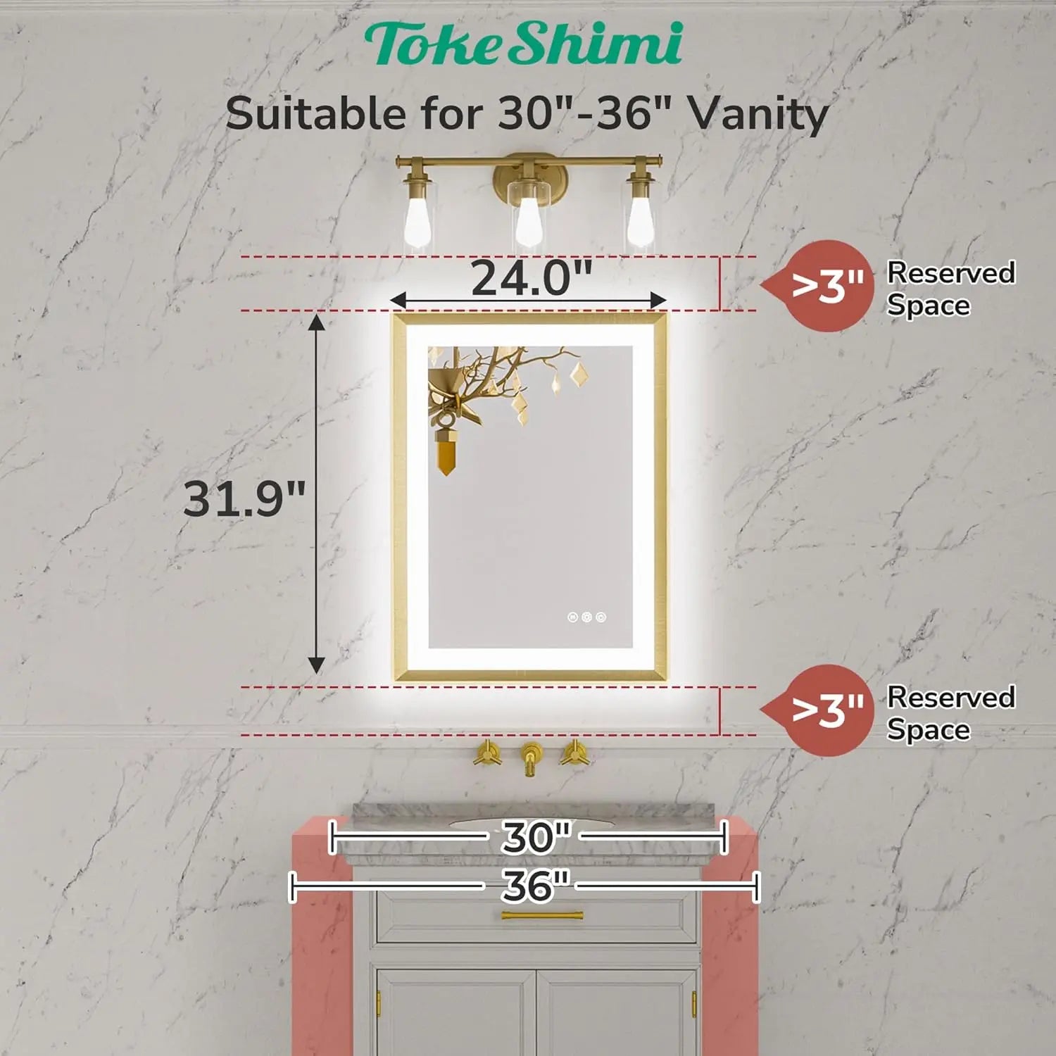 LED Bathroom Vanity Mirror with Frame – Backlit and Front Lighted, Aluminum Rectangle with Beveled Edge, Tricolor Stepless Dimmable, Anti-Fog, Memory Function, Modern Wall Decor