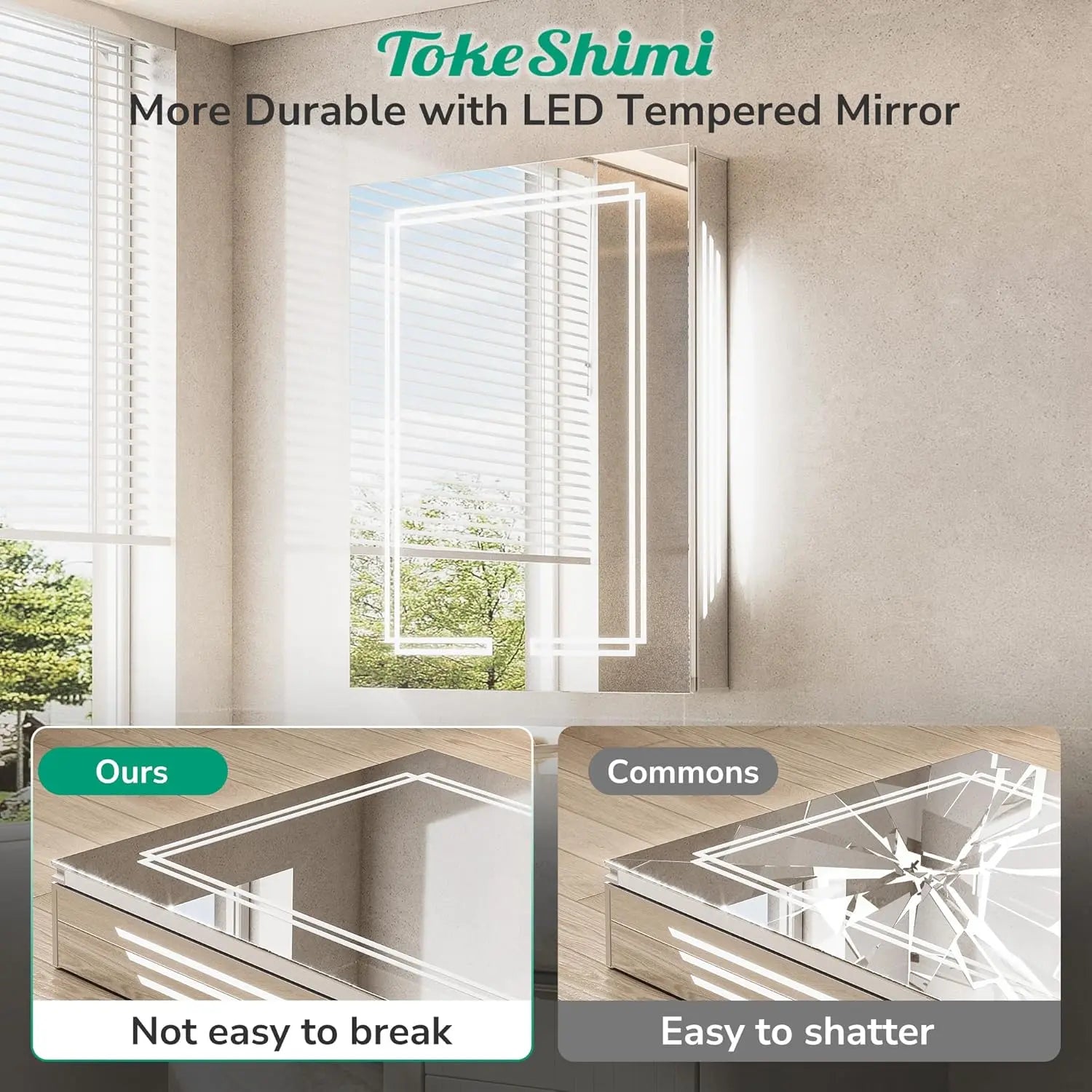 Medicine Cabinet Mirrored, Anti-Fog Tempered Bathroom Vanity LED Mirror with Storage 3 Color Stepless Dimming, CRI 80+, Memory Funtion, Surface Mount Medicine Cabinet with Light