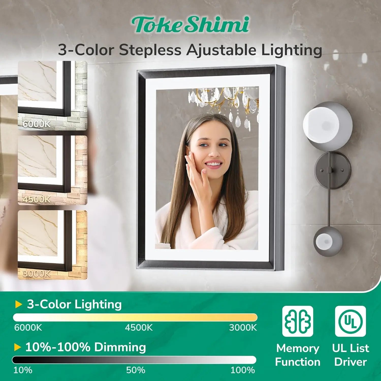 LED Bathroom Vanity Mirror with Frame – Backlit and Front Lighted, Aluminum Rectangle with Beveled Edge, Tricolor Stepless Dimmable, Anti-Fog, Memory Function, Modern Wall Decor