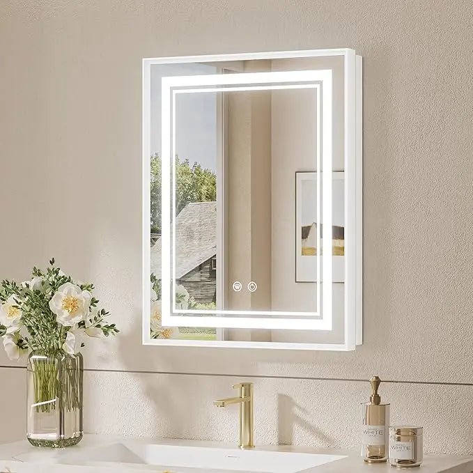Recessed Medicine Cabinet Mirror with Lights Tempered, 3-Color Stepless Dimmable Led Mirrored Medicine Cabinet Defog and Electrical Outlets, Modern Mirror with Storage