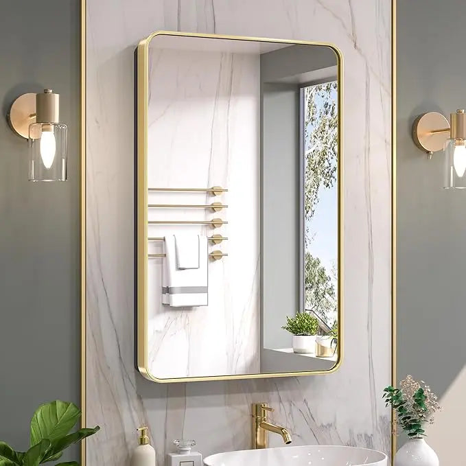 Bathroom Vanity Medicine Cabinet with Mirror – Brushed Brass Finish, Stainless Steel Frame, Rounded Rectangular Shape, Adjustable Shelves, Recessed or Surface Mount Installation