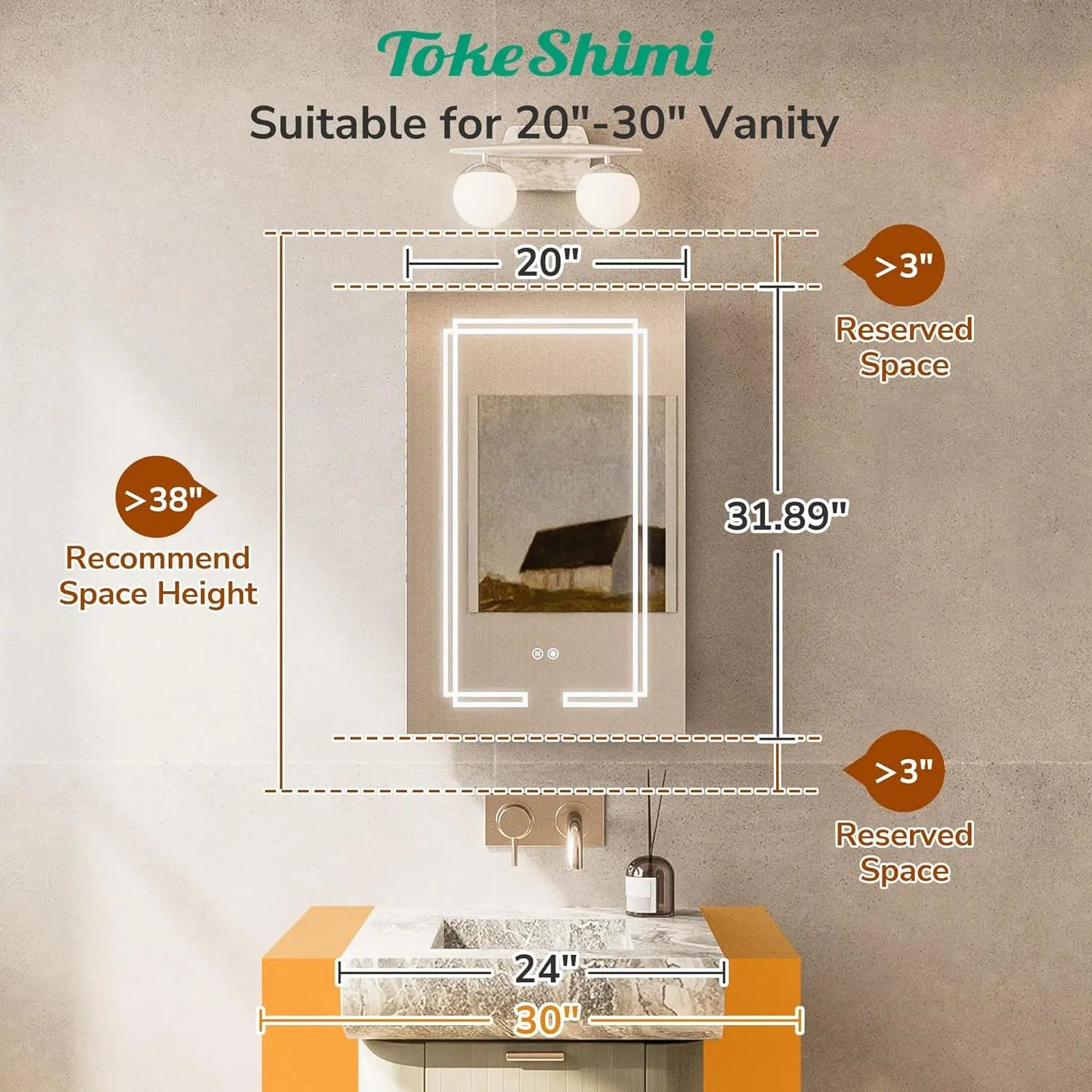 Medicine Cabinet Mirrored, Anti-Fog Tempered Bathroom Vanity LED Mirror with Storage 3 Color Stepless Dimming, CRI 80+, Memory Funtion, Surface Mount Medicine Cabinet with Light