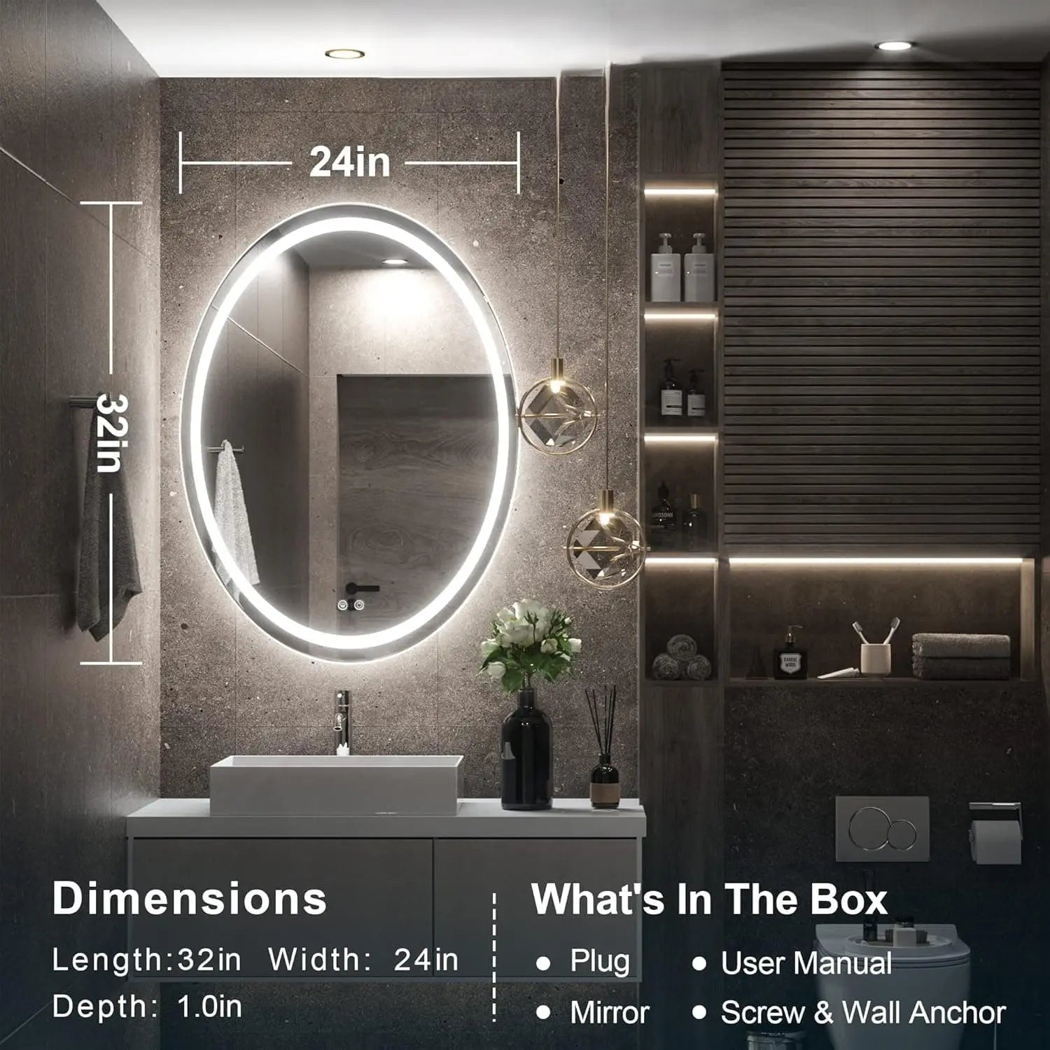 Oval LED Mirror for Bathroom Vanity, Frontlit Dimmable,Anti Fog,Vanity Mirror with Lights for Makeup Wall Mounted Lighted Modern Mirror