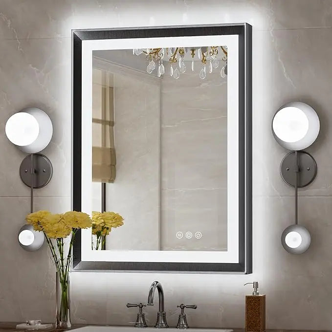 LED Bathroom Vanity Mirror with Frame – Backlit and Front Lighted, Aluminum Rectangle with Beveled Edge, Tricolor Stepless Dimmable, Anti-Fog, Memory Function, Modern Wall Decor