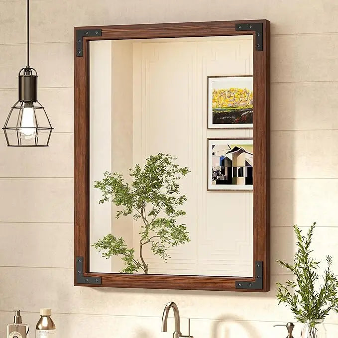 Wood Frame Bathroom Vanity Mirror for Wall – Rustic Farmhouse Style Vanity Mirror, Solid Wooden Frame for Over Sink Use, Mount Horizontally or Vertically – Modern Home Bathroom Decor