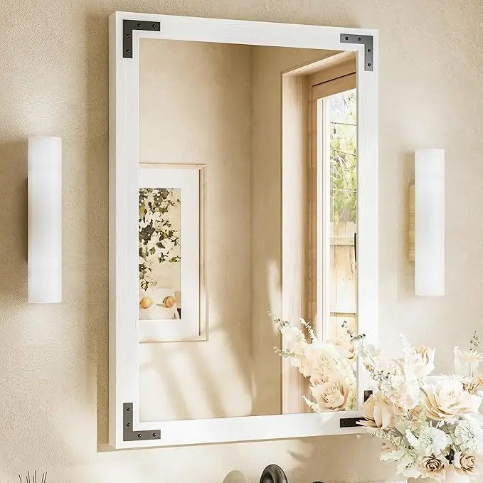 Wood Frame Bathroom Vanity Mirror for Wall – Rustic Farmhouse Style Vanity Mirror, Solid Wooden Frame for Over Sink Use, Mount Horizontally or Vertically – Modern Home Bathroom Decor