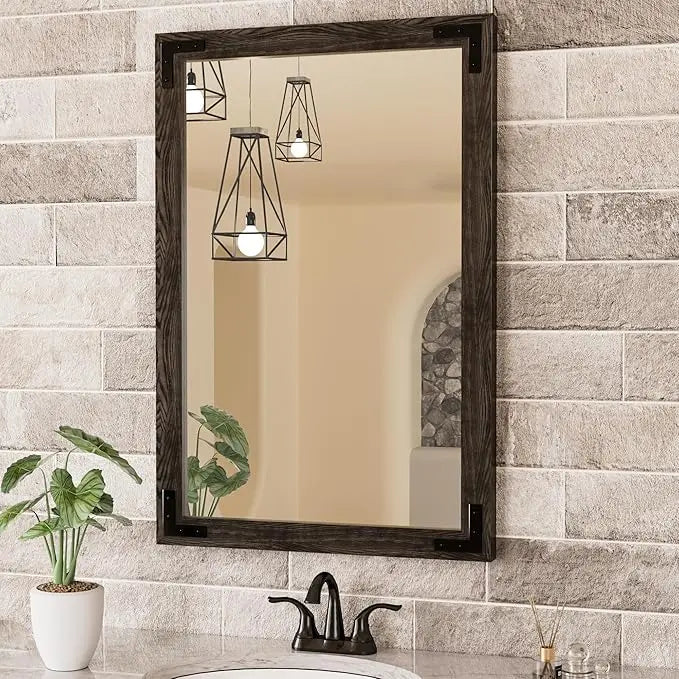 Wood Frame Bathroom Vanity Mirror for Wall – Rustic Farmhouse Style Vanity Mirror, Solid Wooden Frame for Over Sink Use, Mount Horizontally or Vertically – Modern Home Bathroom Decor
