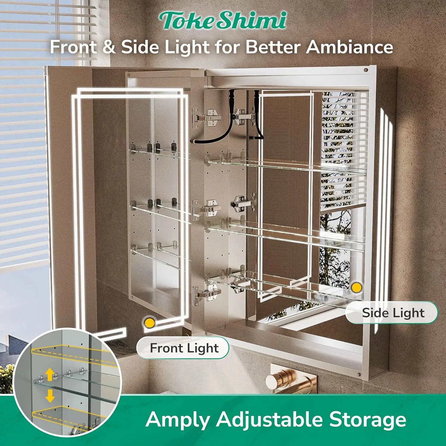 Medicine Cabinet Mirrored, Anti-Fog Tempered Bathroom Vanity LED Mirror with Storage 3 Color Stepless Dimming, CRI 80+, Memory Funtion, Surface Mount Medicine Cabinet with Light