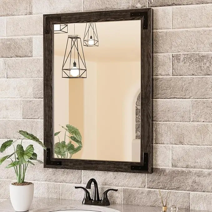 Wood Frame Bathroom Vanity Mirror for Wall – Rustic Farmhouse Style Vanity Mirror, Solid Wooden Frame for Over Sink Use, Mount Horizontally or Vertically – Modern Home Bathroom Decor