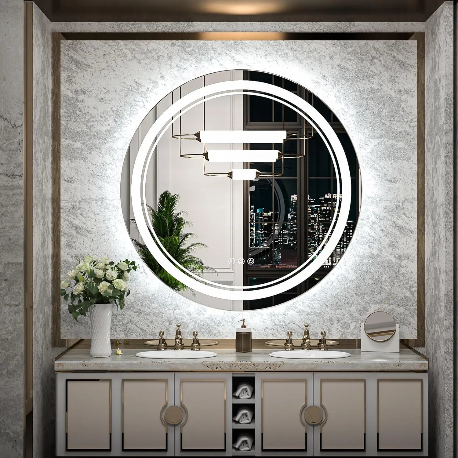 LED Round Bathroom Vanity Mirror – Front and Backlit Vanity Mirror with Double Light Strip, 3 Color Modes, CRI 90+, Anti-Fog, Memory Function, Wall Mounted Makeup Mirror for Bathroom Decor