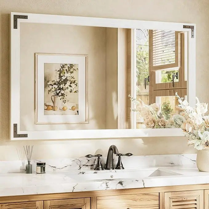 Wood Frame Bathroom Vanity Mirror for Wall – Rustic Farmhouse Style Vanity Mirror, Solid Wooden Frame for Over Sink Use, Mount Horizontally or Vertically – Modern Home Bathroom Decor