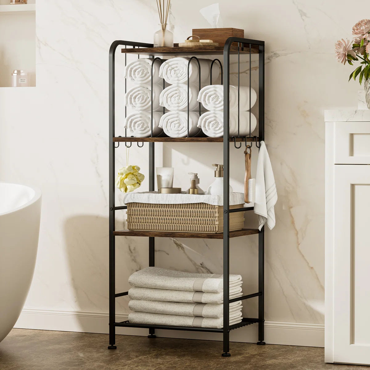 Towel Rack for Bathroom, Free Standing Pool Towel Holder Space-Saving Organizer, Rustic