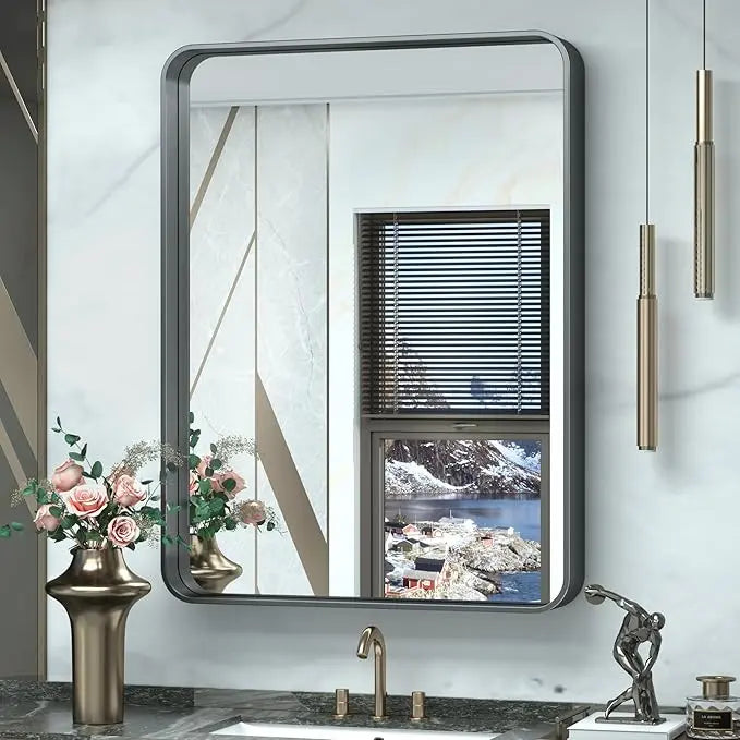 Bathroom Vanity Mirror with Brushed Gold Aluminum Frame – HD Tempered Glass Wall Mirror for Over Sink, Modern Design, Horizontal or Vertical Mount for Bathroom, Entryway, or Bedroom