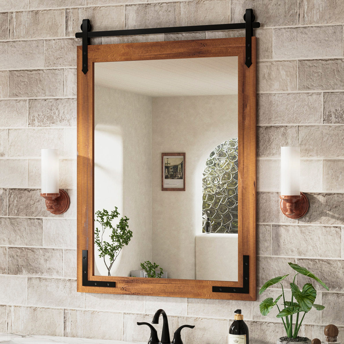Brunilda Rustic Farmhouse Solid Wood Frame Accent Mirror Decorative Mirror