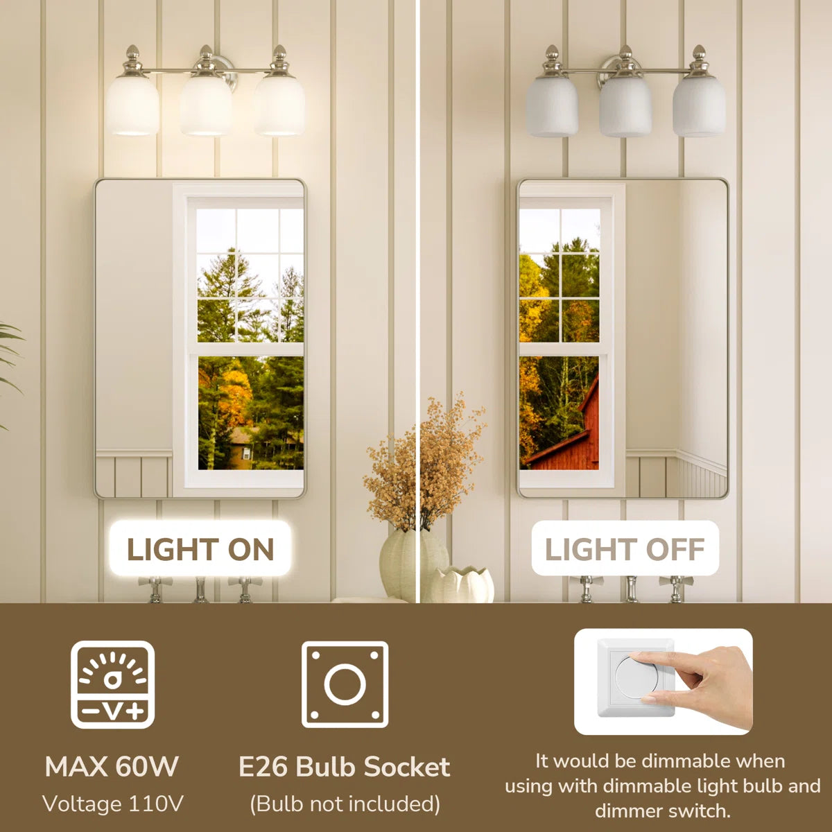 3-Lights Dimmable Bathroom Vanity Light with Frosted Glass