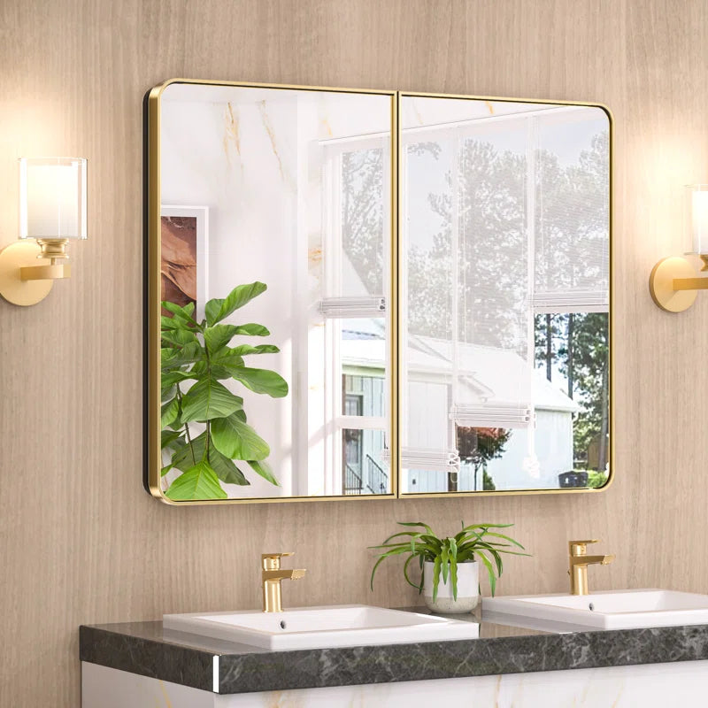 Bathroom Vanity Medicine Cabinet with Mirror – Brushed Brass Finish, Stainless Steel Frame, Rounded Rectangular Shape, Adjustable Shelves, Recessed or Surface Mount Installation