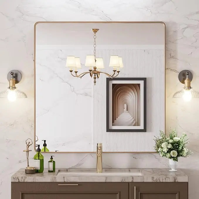 Bathroom Vanity Mirror with Brushed Gold Aluminum Frame – HD Tempered Glass Wall Mirror for Over Sink, Modern Design, Horizontal or Vertical Mount for Bathroom, Entryway, or Bedroom
