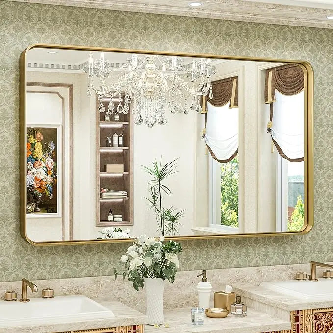 Bathroom Vanity Mirror with Brushed Gold Aluminum Frame – HD Tempered Glass Wall Mirror for Over Sink, Modern Design, Horizontal or Vertical Mount for Bathroom, Entryway, or Bedroom
