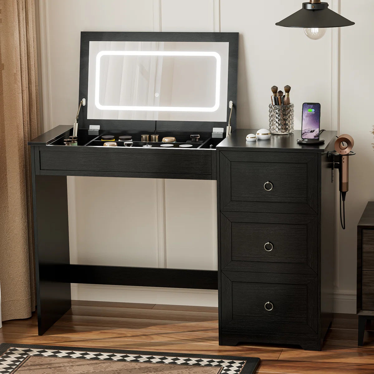Makeup Vanity with Flip Top Mirror Dressing Desk with Drawer & Power Outlet and Adjustable Lights
