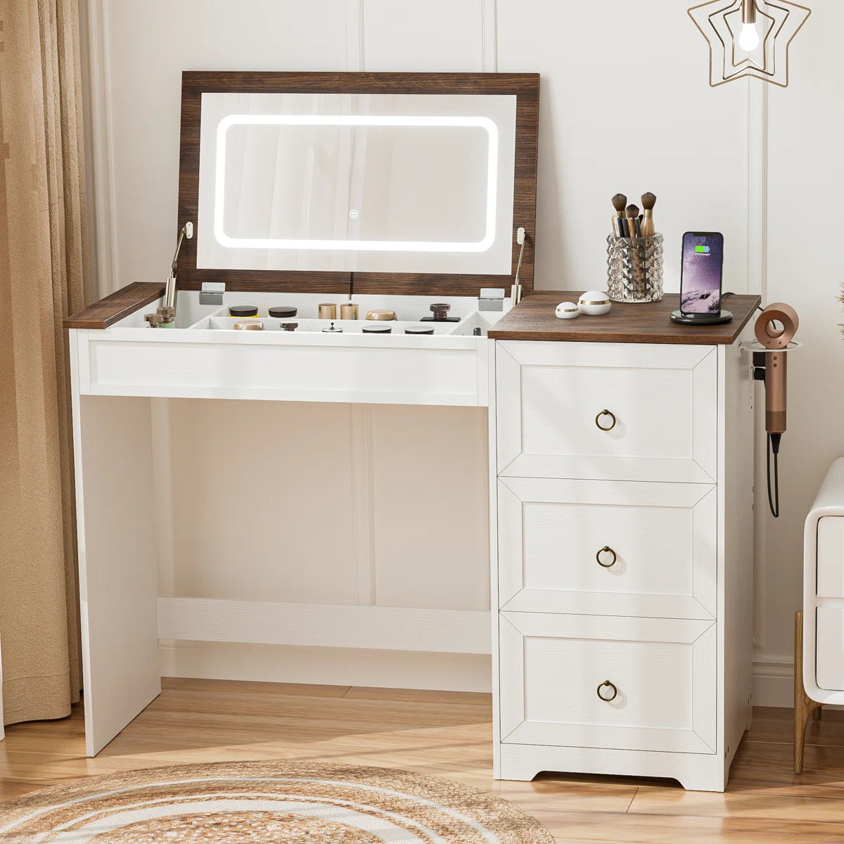 Makeup Vanity with Flip Top Mirror Dressing Desk with Drawer & Power Outlet and Adjustable Lights