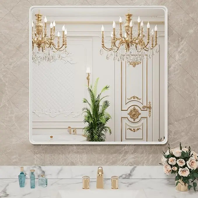 Bathroom Vanity Mirror with Brushed Gold Aluminum Frame – HD Tempered Glass Wall Mirror for Over Sink, Modern Design, Horizontal or Vertical Mount for Bathroom, Entryway, or Bedroom