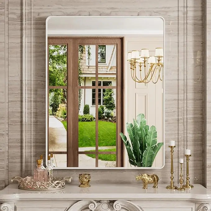 Bathroom Vanity Mirror with Brushed Gold Aluminum Frame – HD Tempered Glass Wall Mirror for Over Sink, Modern Design, Horizontal or Vertical Mount for Bathroom, Entryway, or Bedroom