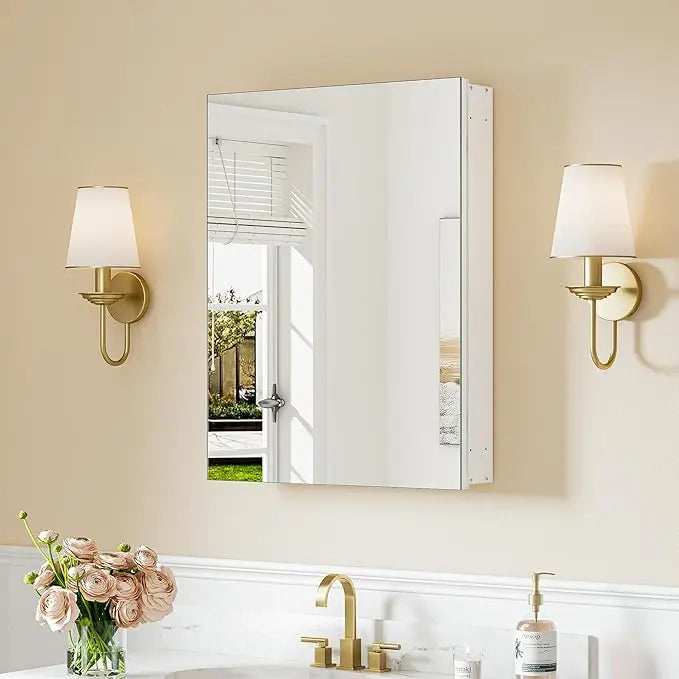 Medicine Cabinet Mirror with Storage – Tempered Glass, Aluminum Frame, Surface Mount or Recessed, Adjustable Shelves – Silver Bathroom Vanity Cabinet for Modern Farmhouse Decor