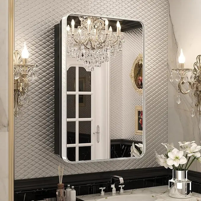 Bathroom Vanity Medicine Cabinet with Mirror – Brushed Brass Finish, Stainless Steel Frame, Rounded Rectangular Shape, Adjustable Shelves, Recessed or Surface Mount Installation