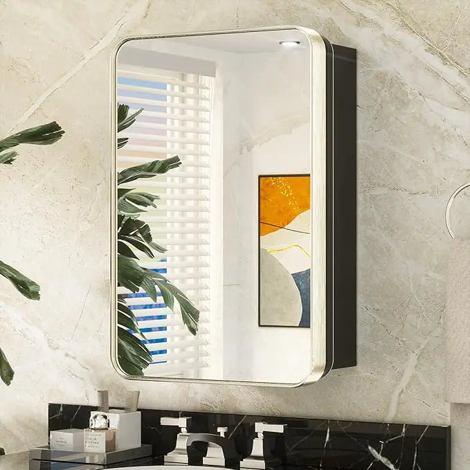 Bathroom Vanity Medicine Cabinet with Mirror – Brushed Brass Finish, Stainless Steel Frame, Rounded Rectangular Shape, Adjustable Shelves, Recessed or Surface Mount Installation