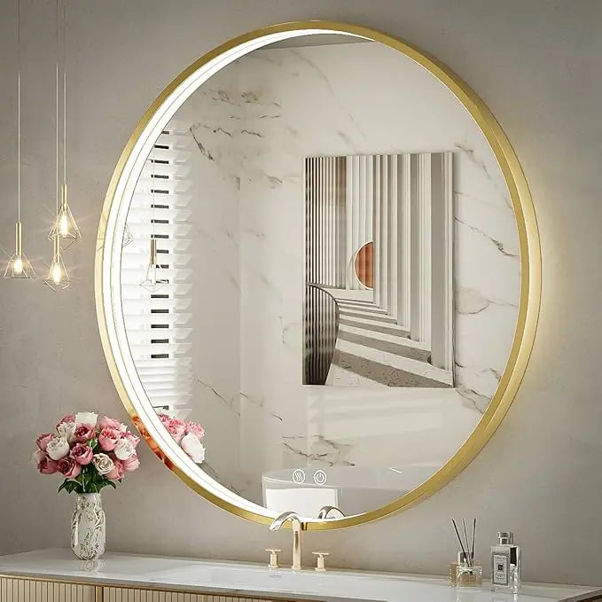 Round LED Mirror for Bathroom, Restroom and Vanity with Lights 3000K/4500K/6000K, Metal Framed Frontlighted Vanity Mirror Wall Mounted, Dimmable Makeup Mirror Touch Switch UL Listed CRI≥90