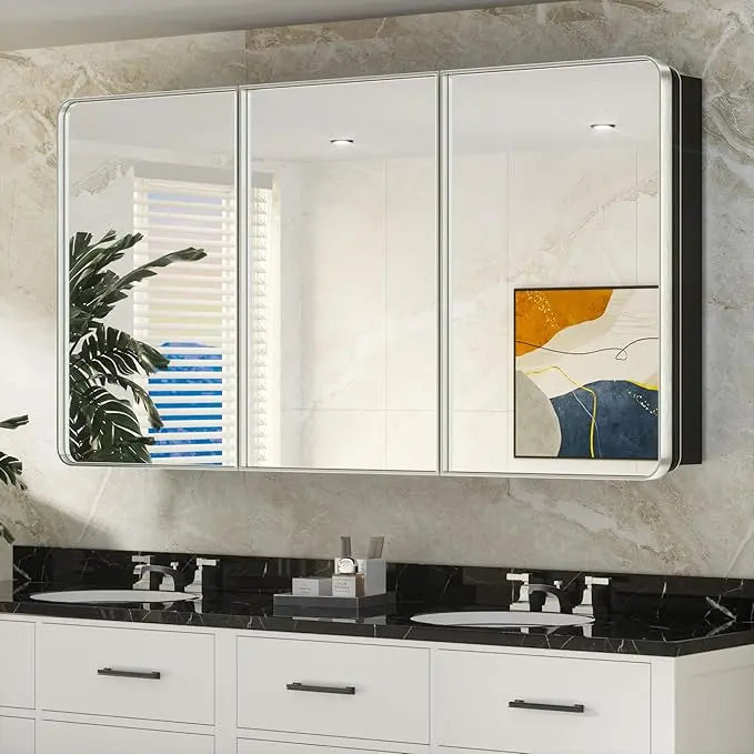 Bathroom Vanity Medicine Cabinet with Mirror – Brushed Brass Finish, Stainless Steel Frame, Rounded Rectangular Shape, Adjustable Shelves, Recessed or Surface Mount Installation