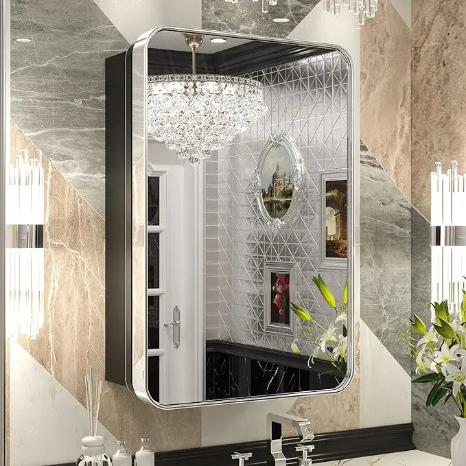 Bathroom Vanity Medicine Cabinet with Mirror – Brushed Brass Finish, Stainless Steel Frame, Rounded Rectangular Shape, Adjustable Shelves, Recessed or Surface Mount Installation