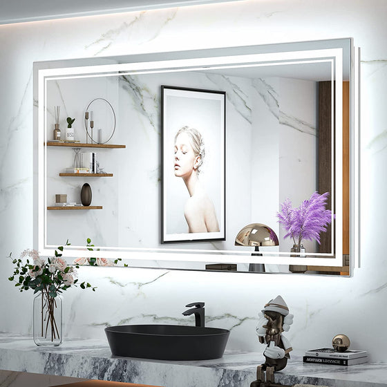 TokeShimi  Bathroom LED Mirror Front Lighted Backlit Vanity Mirror with Double Light Strip 3 Colors CRI 90+ Anti-Fog Memory Funtion Wall Mount Make up Mirror for Bathroom Decor