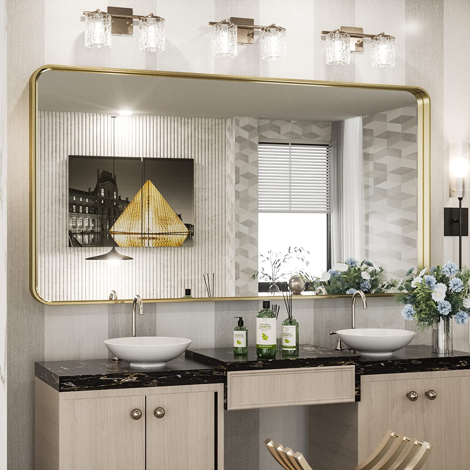Bathroom Vanity Mirror with Brushed Gold Aluminum Frame – HD Tempered Glass Wall Mirror for Over Sink, Modern Design, Horizontal or Vertical Mount for Bathroom, Entryway, or Bedroom