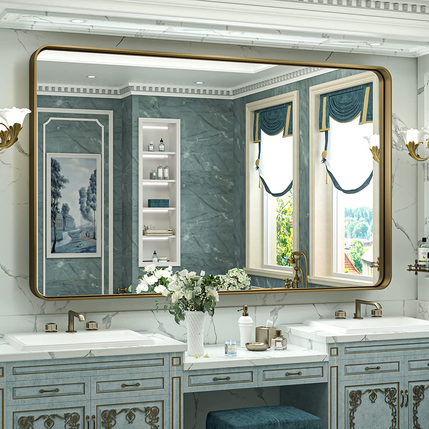 Bathroom Vanity Mirror with Brushed Gold Aluminum Frame – HD Tempered Glass Wall Mirror for Over Sink, Modern Design, Horizontal or Vertical Mount for Bathroom, Entryway, or Bedroom